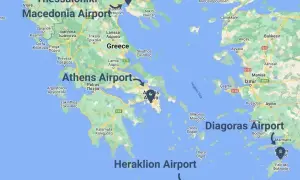 Mapa z zaznaczonymi lotniskami w Grecji: Macedonia Airport, Athens Airport, Diagoras Airport, Heraklion Airport.