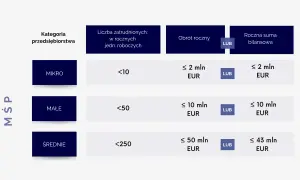 Tabela definiuje kryteria dla mśp: mikro, małe i średnie przedsiębiorstwa, uwzględniając liczbę zatrudnionych, obrót roczny i sumę bilansową.