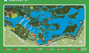 Mapa Parku Narodowego Krka, ukazująca sieć szlaków, wodospady, punkty widokowe i udogodnienia dla turystów.