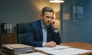 Mężczyzna w garniturze siedzi przy biurku, zamyślony, z ręką na skroni, otoczony dokumentami.