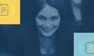 Uśmiechnięta kobieta w garniturze, obok niej ikony identyfikatora podatkowego.