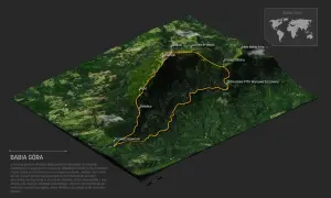 Trójwymiarowa mapa Babiej Góry z zaznaczonymi szlakami i nazwami szczytów.