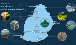 Mapa pokazuje, gdzie leży Mauritius, z zaznaczonymi atrakcjami: plażami, wodospadami, ogrodem botanicznym i żółwiami.