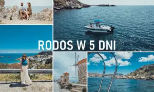 Kolaż zdjęć z Rodos: para na skałach, łódź na morzu, kobieta z widokiem na miasto, wiatraki, drabinka do wody.