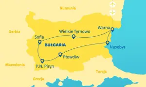 Mapa Bułgarii z trasą wycieczki: Sofia, Płowdiw, P.N. Piryn, Wielkie Tyrnowo, Warna, Neseber. Idealna na 10 dni bułgaria samolotem.