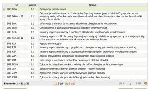 Wybór dokumentu ZUS DRA - deklaracja rozliczeniowa. Lista zawiera różne typy dokumentów ZUS.