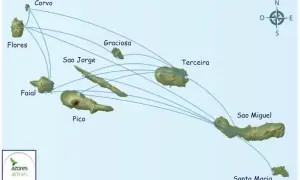 Mapa Azory: połączenia lotnicze między wyspami. Lotnisko na Sao Miguel, Terceira i innych.