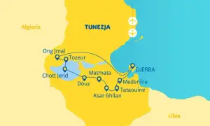 Mapa Tunezji z zaznaczonymi atrakcjami: Tozeur, Dżerba, Matmata. Zastanawiasz się, ile się leci do Tunezji?