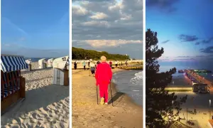 Słoneczna plaża, spacerująca seniorka z kijkami, wieczorny molo. Idealny "perła bałtyku pakiet seniora".