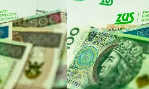 Polskie banknoty 100, 200, 500 zł i logo ZUS. Obrazek nawiązuje do wysokości składki ZUS na ryczałcie.