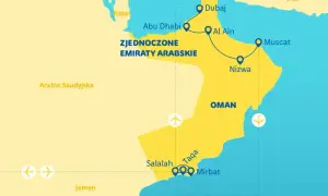 Mapa pokazuje, gdzie jest Oman, sąsiednie Zjednoczone Emiraty Arabskie, Arabia Saudyjska i Jemen. Zaznaczone miasta to Dubaj, Al Ain, Nizwa, Maskat, Salalah, Taqa i Mirbat.