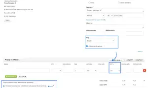 Formularz faktury z polami do wypełnienia. W sekcji "Pozycje na fakturze" widoczna jest kolumna "Cena netto" oraz pole wyboru "VAT %".