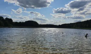 Słoneczny dzień nad jeziorem w Złotnikach Kujawskich. Kąpiel w chłodnej wodzie, otoczonej zielonym lasem, to idealny relaks.