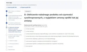 Formularz PCC-3(6) - krok 4 z 9. Obliczanie podatku od czynności cywilnoprawnych. Tu dowiesz się, jak zapłacić PCC-3 przez internet.