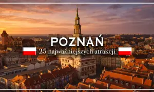 Widok na Poznań o zachodzie słońca z ratuszem i wieżą.