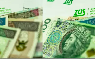 Polskie banknoty 100, 200, 500 zł i logo ZUS. Obrazek nawiązuje do wysokości składki ZUS na ryczałcie.