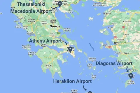 Mapa z zaznaczonymi lotniskami w Grecji: Macedonia Airport, Athens Airport, Diagoras Airport, Heraklion Airport.
