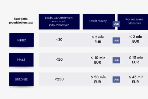 Tabela definiuje kryteria dla mśp: mikro, małe i średnie przedsiębiorstwa, uwzględniając liczbę zatrudnionych, obrót roczny i sumę bilansową.