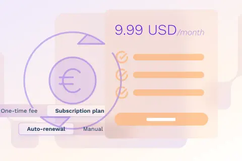 Grafika przedstawia schemat modelu subskrypcyjnego z ceną 9.99 USD/miesiąc i symbolem euro.
