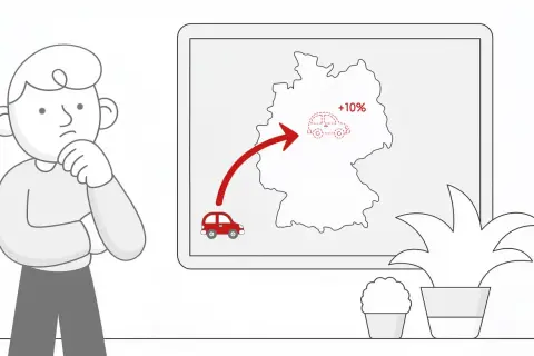 Zamyślony człowiek patrzy na mapę Niemiec z czerwoną strzałką wskazującą na wzrost akcyzy o 10% na samochody.