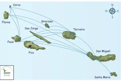 Mapa Azory: połączenia lotnicze między wyspami. Lotnisko na Sao Miguel, Terceira i innych.