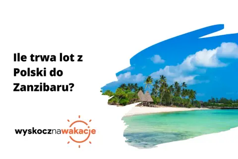 Tropikalna plaża z palmami i turkusową wodą. Pytanie: ile się leci na Zanzibar?