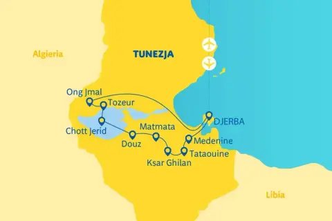 Mapa Tunezji z zaznaczonymi atrakcjami: Tozeur, Dżerba, Matmata. Zastanawiasz się, ile się leci do Tunezji?