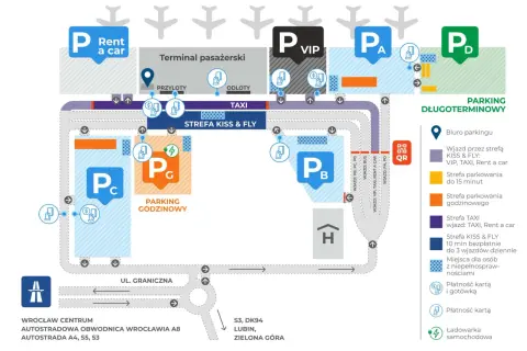 Mapa lotniska Wrocław: parkingi VIP, godzinowy, długoterminowy, Kiss & Fly. Sprawdź cennik i lokalizację.