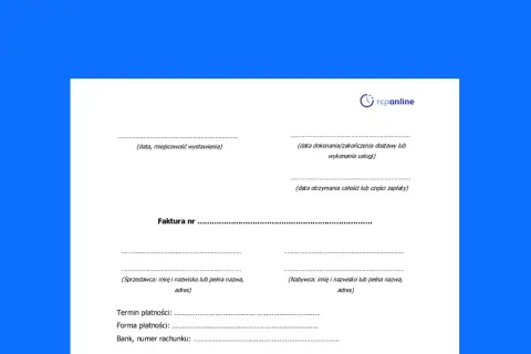 Szablon faktury z polami do wypełnienia: data, numer faktury, dane sprzedawcy i nabywcy, termin płatności, forma płatności, bank. Widoczny jest też symbol "vat naliczony".