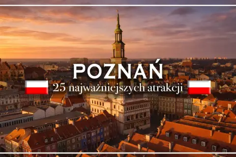 Widok na Poznań o zachodzie słońca z ratuszem i wieżą.