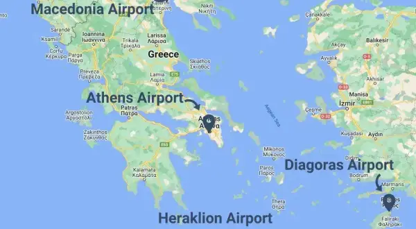 Mapa z zaznaczonymi lotniskami w Grecji: Macedonia Airport, Athens Airport, Diagoras Airport, Heraklion Airport.