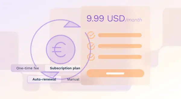 Grafika przedstawia schemat modelu subskrypcyjnego z ceną 9.99 USD/miesiąc i symbolem euro.