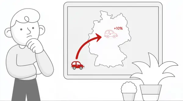 Zamyślony człowiek patrzy na mapę Niemiec z czerwoną strzałką wskazującą na wzrost akcyzy o 10% na samochody.