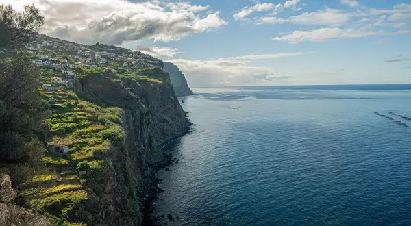Widok na klif z domkami na zboczu i oceanem. Zastanawiasz się, ile się leci na Maderę, patrząc na ten krajobraz?