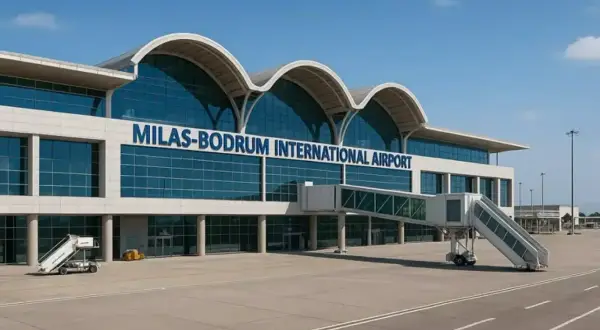 Nowoczesny budynek lotniska Milas-Bodrum International Airport z niebieskimi oknami i falistym dachem.