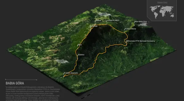 Trójwymiarowa mapa Babiej Góry z zaznaczonymi szlakami i nazwami szczytów.