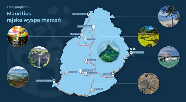 Mapa pokazuje, gdzie leży Mauritius, z zaznaczonymi atrakcjami: plażami, wodospadami, ogrodem botanicznym i żółwiami.