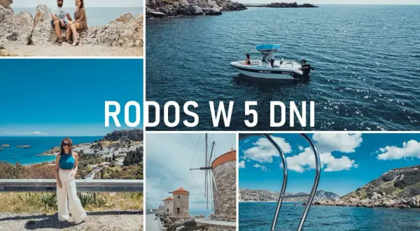 Kolaż zdjęć z Rodos: para na skałach, łódź na morzu, kobieta z widokiem na miasto, wiatraki, drabinka do wody.
