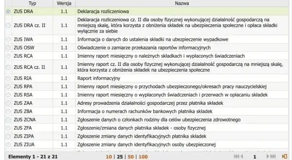 Wybór dokumentu ZUS DRA - deklaracja rozliczeniowa. Lista zawiera różne typy dokumentów ZUS.