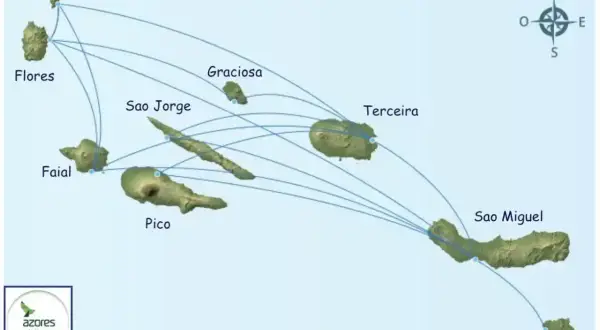 Mapa Azory: połączenia lotnicze między wyspami. Lotnisko na Sao Miguel, Terceira i innych.