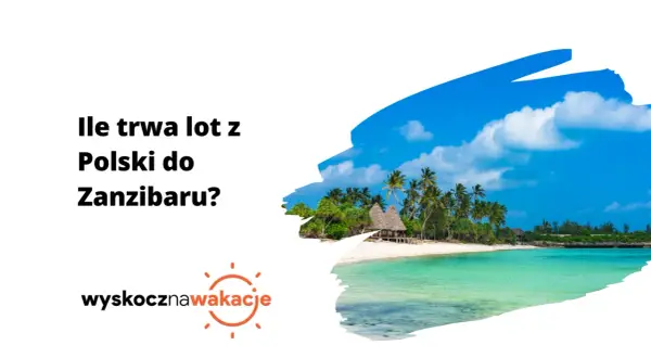 Tropikalna plaża z palmami i turkusową wodą. Pytanie: ile się leci na Zanzibar?
