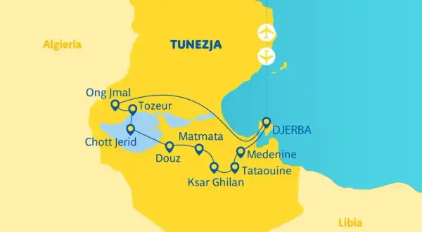 Mapa Tunezji z zaznaczonymi atrakcjami: Tozeur, Dżerba, Matmata. Zastanawiasz się, ile się leci do Tunezji?