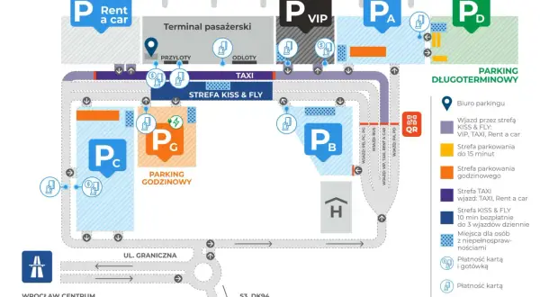 Mapa lotniska Wrocław: parkingi VIP, godzinowy, długoterminowy, Kiss & Fly. Sprawdź cennik i lokalizację.