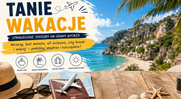 Tanie wakacje: plaża, palmy, walizka, samolot, kapelusz, okulary, paszport, muszle.