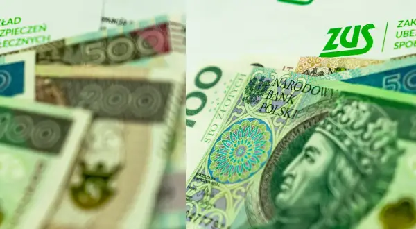 Polskie banknoty 100, 200, 500 zł i logo ZUS. Obrazek nawiązuje do wysokości składki ZUS na ryczałcie.