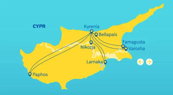 Mapa Cypru z zaznaczonymi miastami: Paphos, Nikozja, Larnaka, Kyrenia, Bellapais, Famagusta, Varosha. Pokazuje, ile się leci na Cypr z różnych punktów.