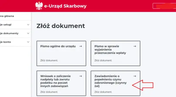 Zawiadomienie o popełnieniu czynu zabronionego (czynny żal) - opcja złożenia dokumentu w e-Urzędzie Skarbowym.