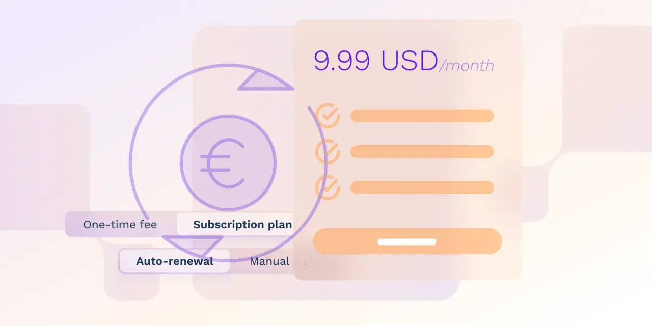 Grafika przedstawia schemat modelu subskrypcyjnego z ceną 9.99 USD/miesiąc i symbolem euro.