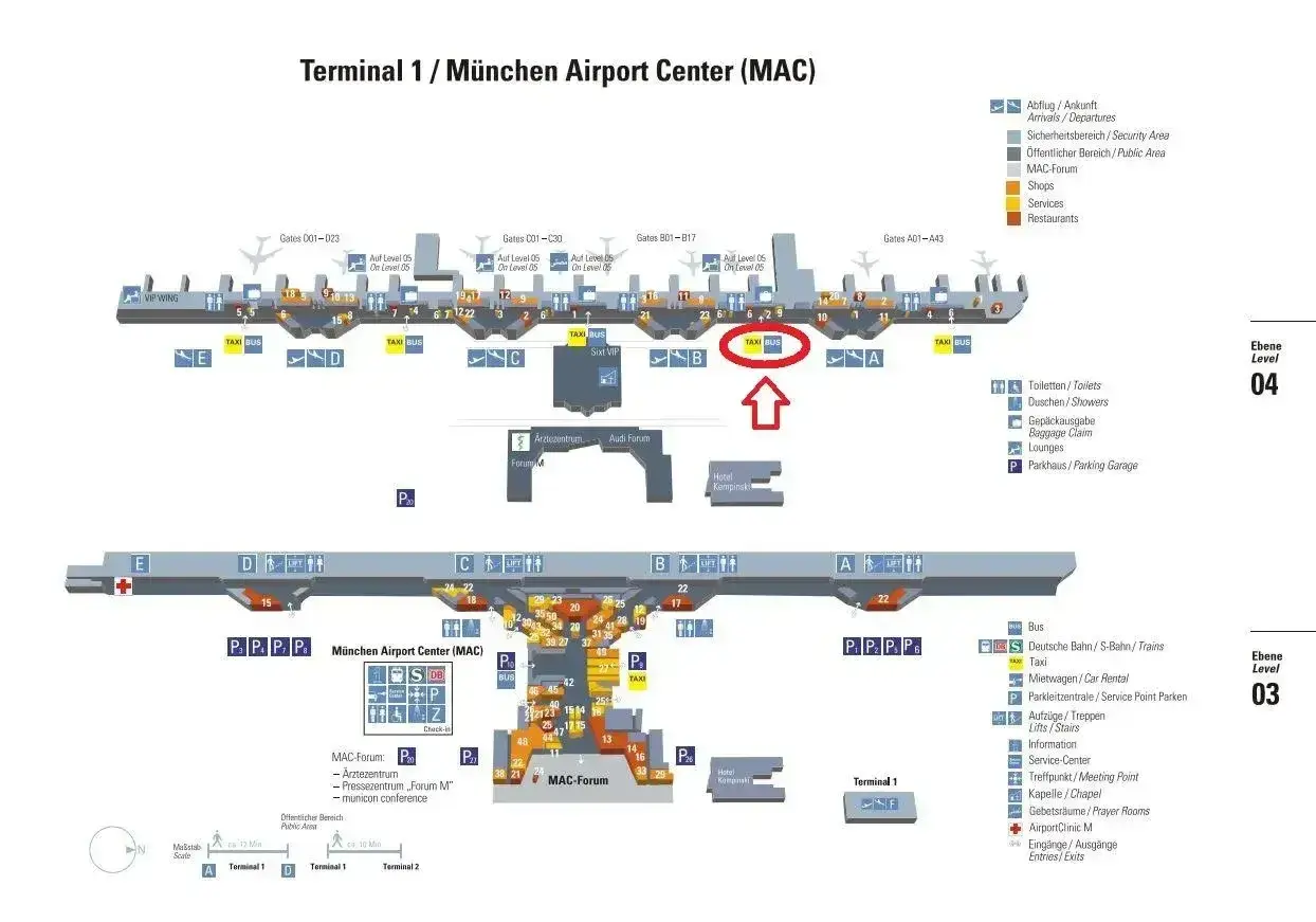 Plan lotniska w Monachium, Terminal 1. Widoczny jest obszar MAC z zaznaczonym przystankiem TAXI BUS.