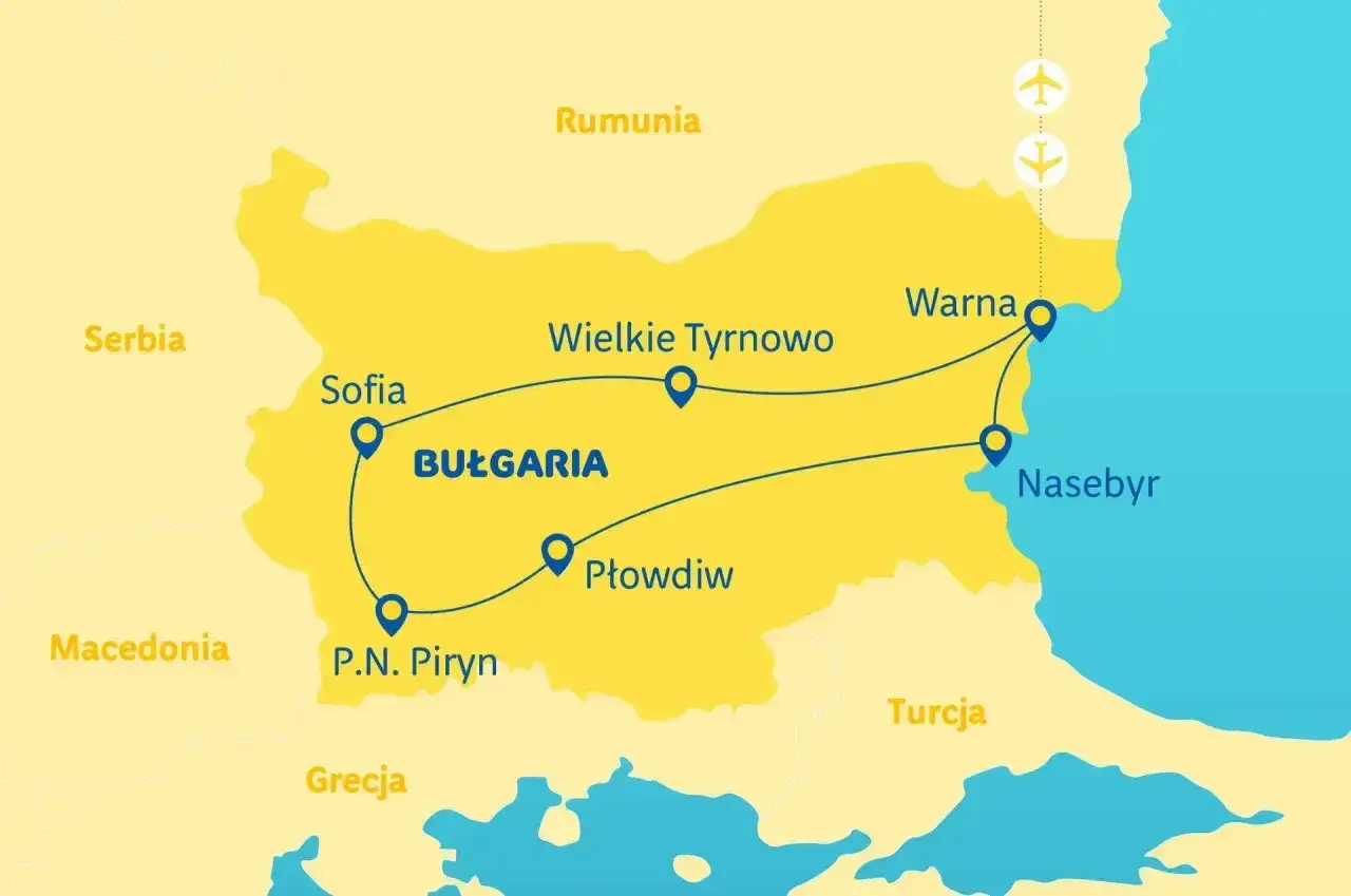 Mapa Bułgarii z trasą wycieczki: Sofia, Płowdiw, P.N. Piryn, Wielkie Tyrnowo, Warna, Neseber. Idealna na 10 dni bułgaria samolotem.